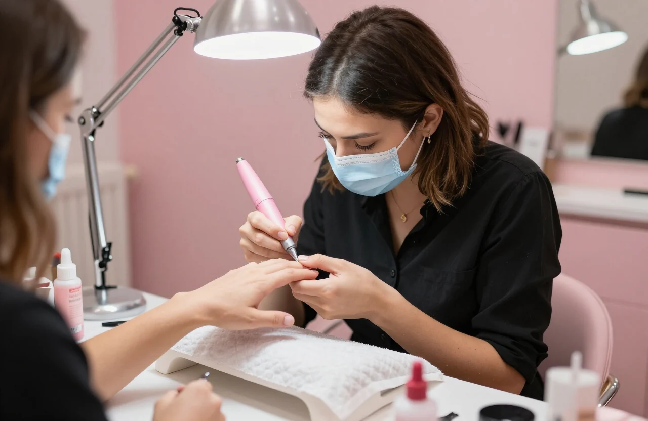 Nail artist al lavoro con una fresa professionale